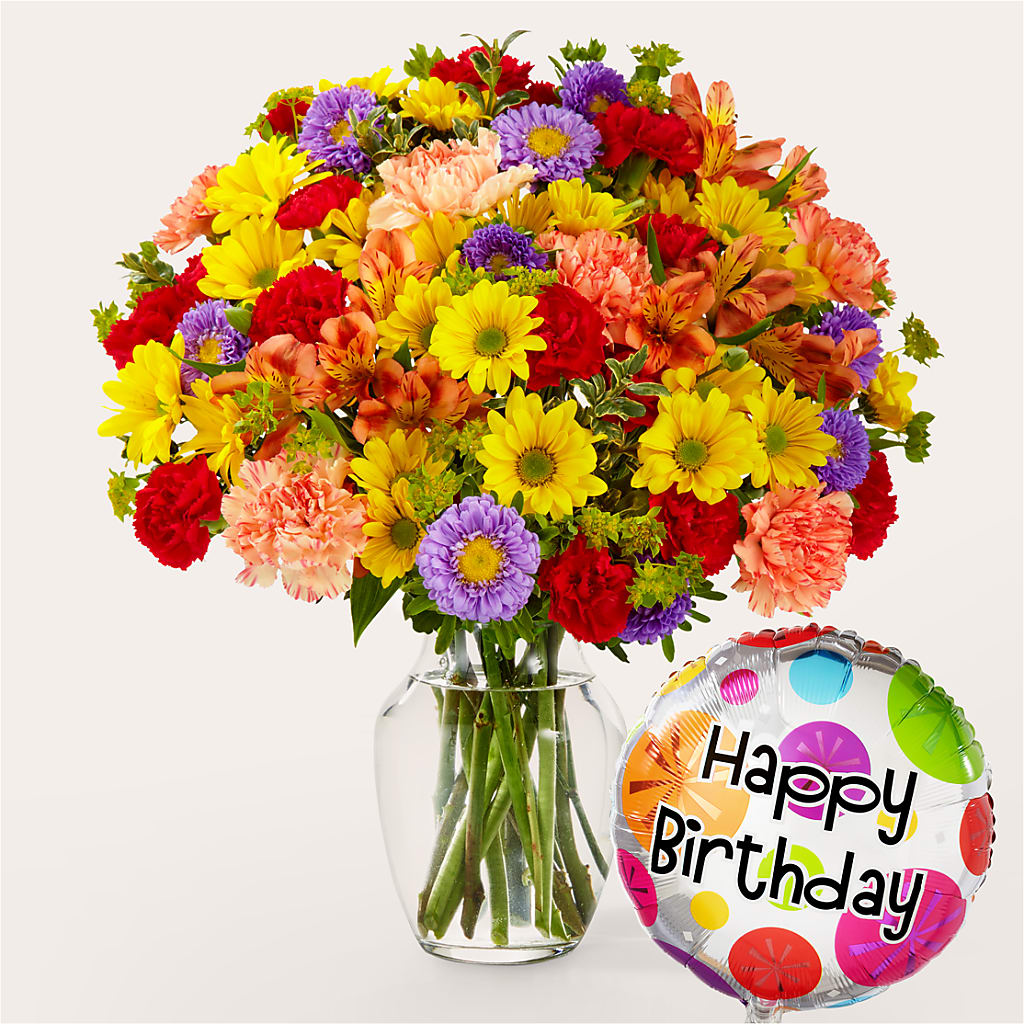 Kaleidoscope Bouquet with Birthday Balloon – Park Avenue Florist, Orange Park FL